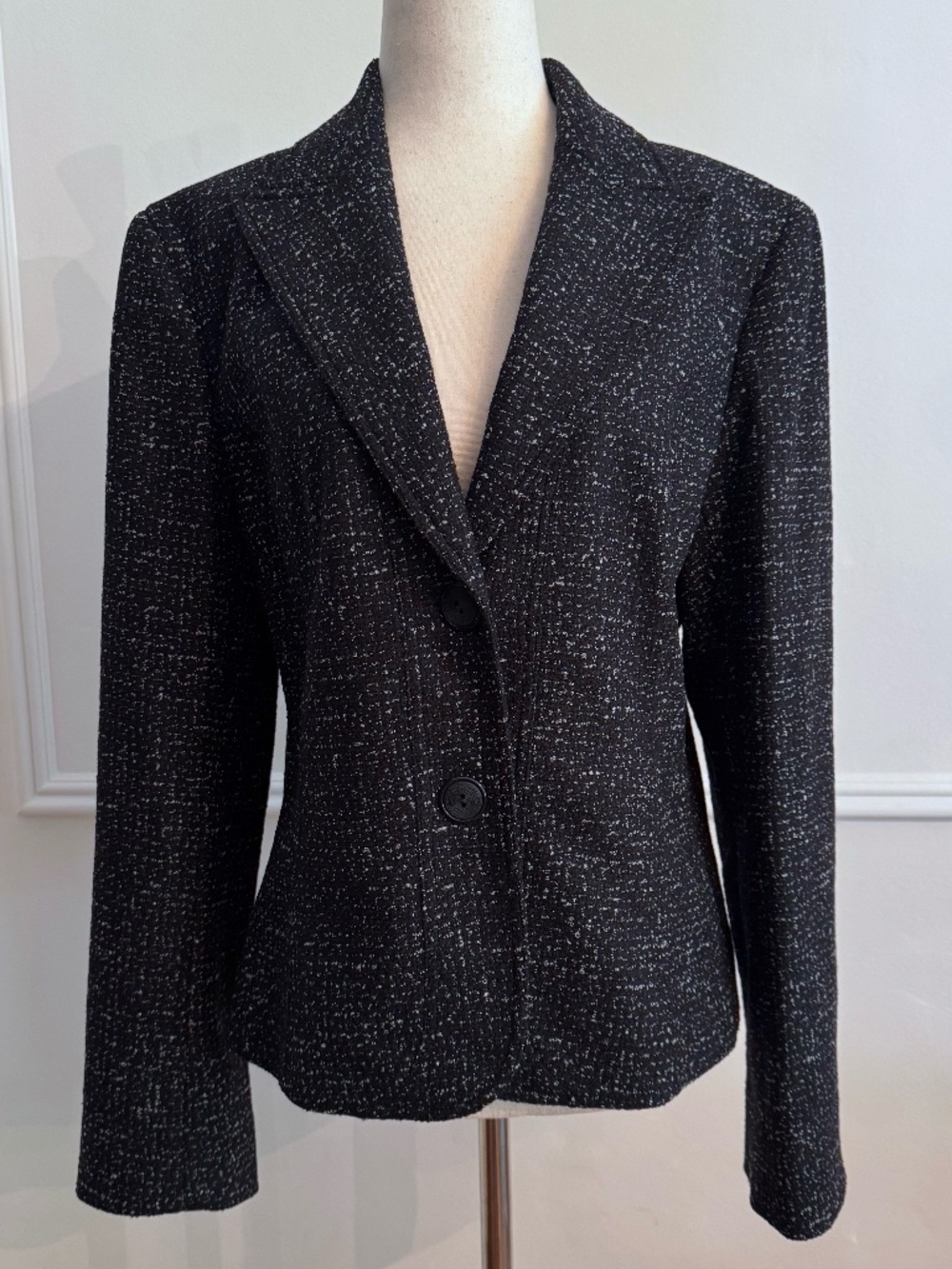 Lafayette 148 New York Black White Wool Tweed Blazer Two Button Jacket Size 10